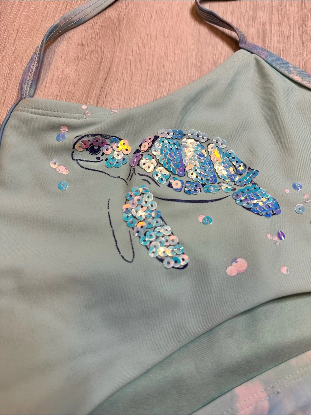 Kids - 3 for $10 - Girls' Mint Sequin Turtle One-Piece Swimsuit